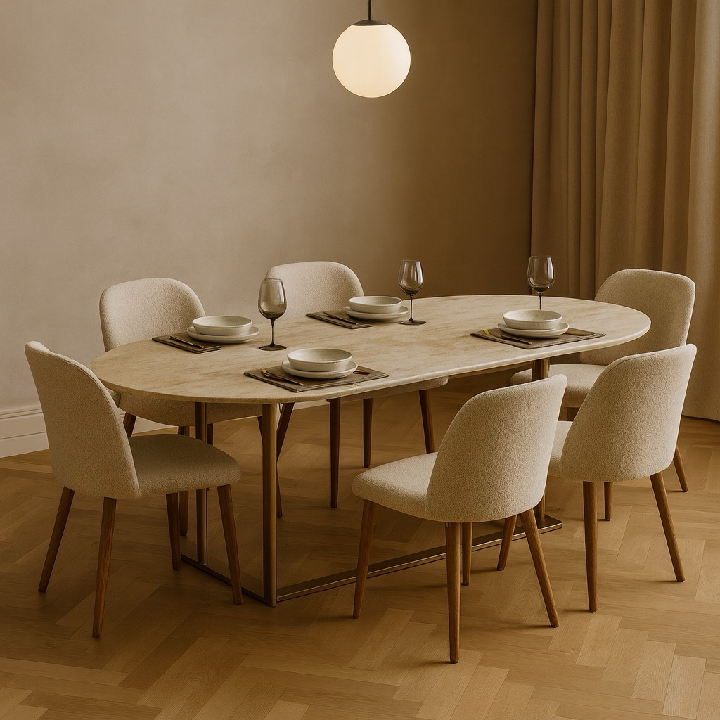 Oval eller rektangulært spisebord i stein 160–300 cm sitteplasser og romplan